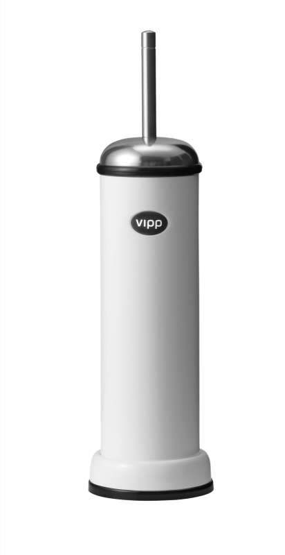 Weiße Vipp WC-Bürste mit Edelstahlgriff und Deckel für moderne Badezimmer, hochwertige Badaccessoires.